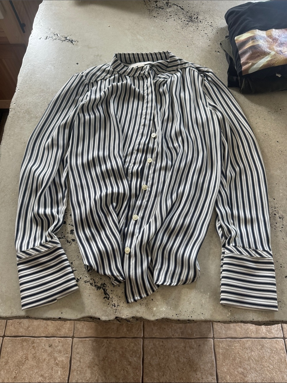 LOFT Black and White Vertical Stripe Button-Front Blouse